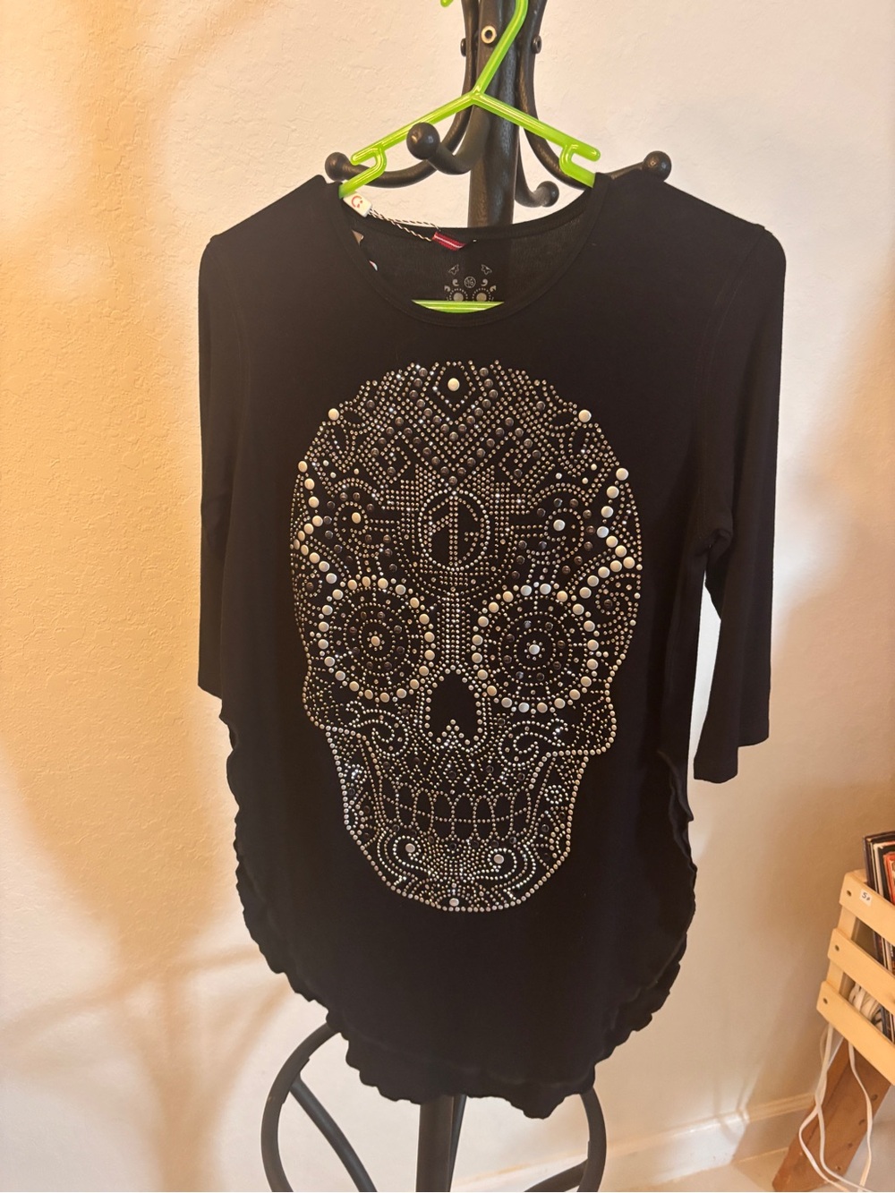 Black Long-Sleeve Women's Top with Embellished Skull